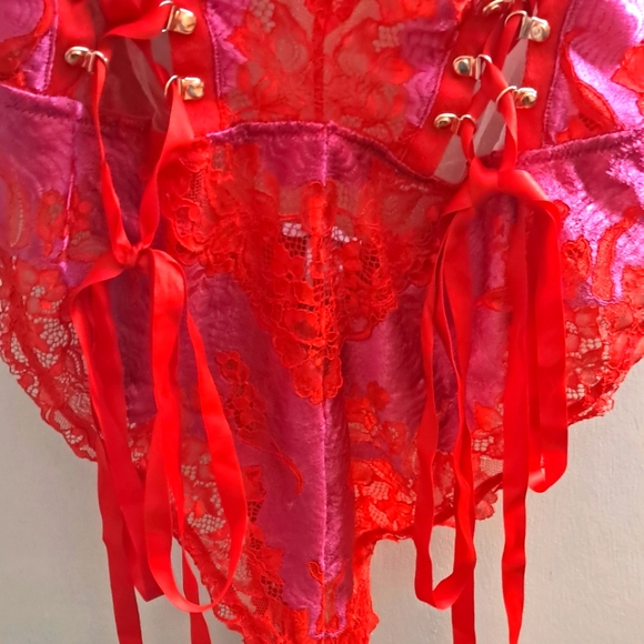 Lace-Up Red and Purple Lingerie Bodysuit - Picture 6 of 9